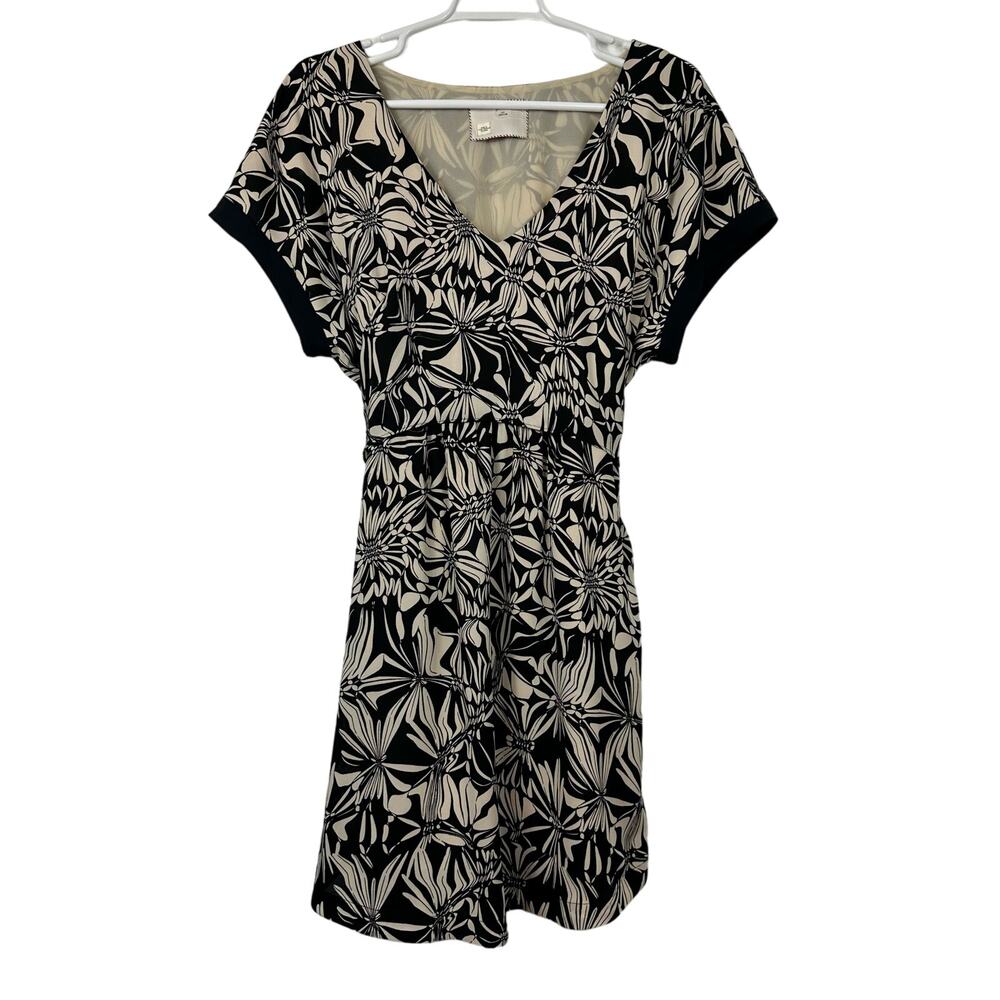 Anthropologie Postage Stamp Black White Floral A-Line Dress Med